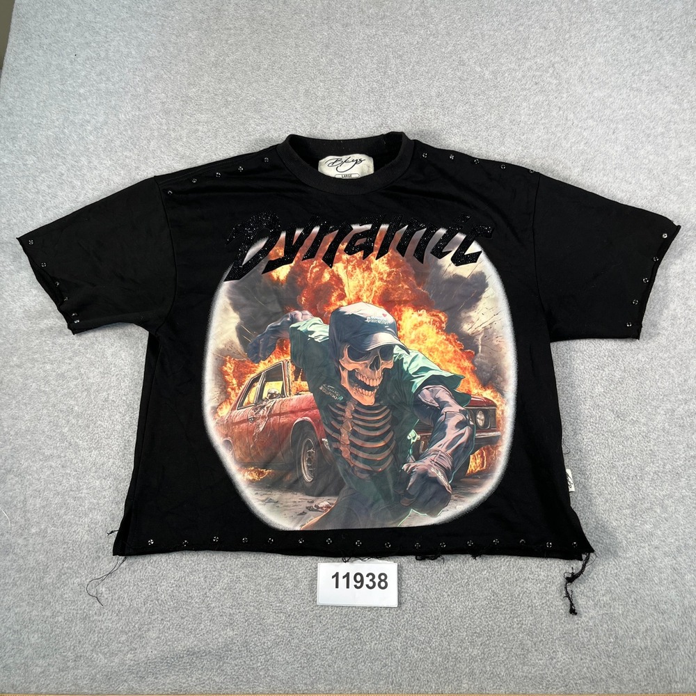 Bkys Dynamic Cropped Muscle Tee Shirt Womens Large Black Graphic Rhinestone